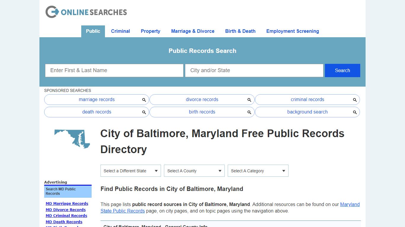 City of Baltimore, Maryland Public Records Directory - OnlineSearches.com